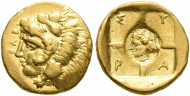 SICILY. Syracuse. Dionysios I, 405-367 BC. 20 Litrai or Tetradrachm (Gold, 10 mm, 1.14 g, 1 h), circa 405-400. ΣΥΡ[A] Head of Herakles to left, wearin...