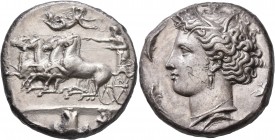 SICILY. Syracuse. Dionysios I, 405-367 BC. Dekadrachm (Silver, 34 mm, 44.11 g, 1 h), signed by Euainetos, circa 405-400. Charioteer driving quadriga g...