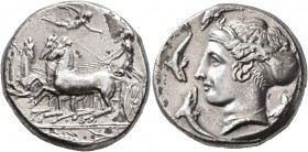 SICILY. Syracuse. Dionysios I, 405-367 BC. Tetradrachm (Silver, 25 mm, 17.40 g, 10 h), in the style of Eukleidas, circa 400/395-390. Charioteer drivin...