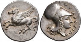 SICILY. Syracuse. Timoleon and the Third Democracy, 344-317 BC. Stater (Silver, 22 mm, 8.60 g, 12 h). Pegasos flying left. Rev. ΣYPAKOΣIΩN Head of Ath...