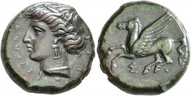 SICILY. Syracuse. Timoleon and the Third Democracy, 344-317 BC. Litra (Bronze, 20 mm, 10.27 g, 12 h). ΣYPAKOΣIΩN Head of Persephone to left, wearing w...