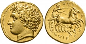 SICILY. Syracuse. Agathokles, 317-289 BC. 50 Litrai or Dekadrachm (Gold, 16 mm, 4.27 g, 9 h), circa 317-310. Laureate head of Apollo to left. Rev. ΣYP...