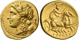 SICILY. Syracuse. Hieron II, 275-215 BC. 60 Litrai or Dekadrachm (Gold, 16 mm, 4.28 g, 1 h), circa 269-263 or 218/7-215. Head of Persephone to left, w...