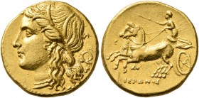 SICILY. Syracuse. Hieron II, 275-215 BC. 60 Litrai or Dekadrachm (Gold, 16 mm, 4.28 g, 1 h), circa 220-217 or 218/7-215. Head of Persephone to left, w...