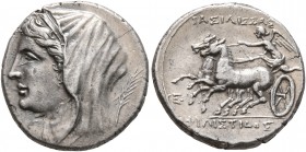 SICILY. Syracuse. Philistis, wife of Hieron II, 275-215 BC. 5 Litrai (Silver, 17 mm, 4.50 g, 8 h). Diademed and veiled bust of Philistis to left; to r...