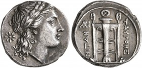 SICILY. Tauromenion. Circa 304-289 BC. 4 Litrai or Drachm (Silver, 16 mm, 3.20 g, 6 h). Laureate head of Apollo to right; behind, star. Rev. TAYPOME-N...