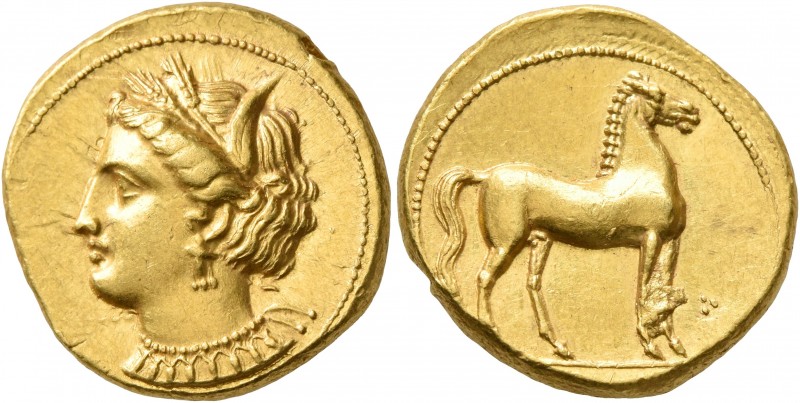 CARTHAGE. Circa 350-320 BC. Stater (Gold, 18 mm, 9.27 g, 3 h). Head of Tanit to ...