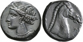 CARTHAGE. Circa 300-264 BC. Shekel (?) (Bronze, 19 mm, 5.71 g, 2 h), Sardinian mint (?). Head of Tanit to left, wearing wreath of grain ears, triple-p...