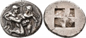 ISLANDS OFF THRACE, Thasos. Circa 500-480 BC. Stater (Silver, 21 mm, 8.33 g). Nude ithyphallic satyr, with long beard and long hair, moving right in '...