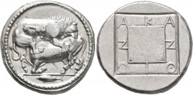 MACEDON. Akanthos. Circa 470-430 BC. Tetradrachm (Silver, 27 mm, 17.23 g, 5 h). Lion right, attacking a bull collapsing to left with upraised head; in...