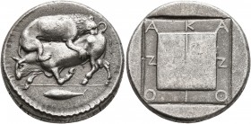 MACEDON. Akanthos. Circa 470-430 BC. Tetradrachm (Silver, 26 mm, 16.86 g, 6 h). Lion to right, attacking a bull collapsing to left; in exergue, tunny ...