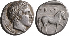 KINGS OF MACEDON. Archelaos Philopatris Ktistes, 413-400/399 BC. Stater (Silver, 23 mm, 10.54 g, 3 h), Aigai. Head of Apollo to right, wearing tainia....