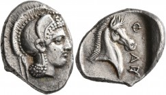 THESSALY. Pharsalos. Mid-late 5th century BC. Hemidrachm (Silver, 17 mm, 3.00 g, 10 h). Head of Athena to right, wearing crested Attic helmet. Rev. Φ-...