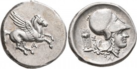AKARNANIA. Anaktorion. Circa 350-300 BC. Stater (Silver, 23 mm, 8.59 g, 4 h). A Pegasos flying right. Rev. Head of Athena to right, wearing Corinthian...