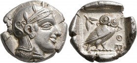 ATTICA. Athens. Circa 455-449 BC. Tetradrachm (Silver, 26 mm, 17.17 g, 1 h). Head of Athena to right, wearing crested Attic helmet decorated with thre...
