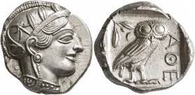ATTICA. Athens. Circa 430s-420s BC. Tetradrachm (Silver, 26 mm, 17.23 g, 10 h). Head of Athena to right, wearing crested Attic helmet decorated with t...