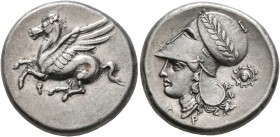 CORINTHIA. Corinth. Circa 375-300 BC. Stater (Silver, 21 mm, 8.53 g, 10 h). Ϙ Pegasos flying left. Rev. Head of Athena to left, wearing laureate Corin...