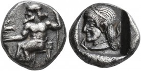 ARKADIA, Arkadian League. Circa 480-470 BC. Obol (Silver, 10 mm, 1.00 g, 9 h), Kleitor mint. Zeus Lykaios seated left, holding eagle alighting to left...