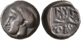 CIMMERIAN BOSPOROS. Nymphaion. Circa 400 BC. Diobol (Silver, 10 mm, 1.57 g, 12 h). Head of a nymph to left, her hair bound in sakkos. Rev. NYN Bunch o...