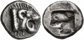 CIMMERIAN BOSPOROS. Pantikapaion. Circa 500-480 BC. Diobol (Silver, 11 mm, 1.34 g). Head of a roaring lion to right. Rev. Quadripartite incuse square....