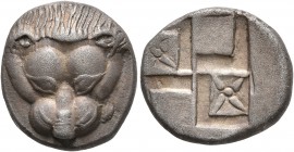 CIMMERIAN BOSPOROS. Pantikapaion. Circa 450-438/7 BC. Tetrobol (Silver, 15 mm, 3.54 g). Facing head of a lion. Rev. Quadripartite incuse square with w...