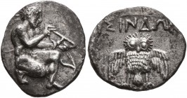 CIMMERIAN BOSPOROS. The Sindoi. Circa 400 BC. Diobol (Silver, 14 mm, 1.32 g, 3 h). Skythes, nude, kneeling right, holding Herakles' buckle in his hand...