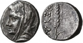 CIMMERIAN BOSPOROS. Theodoseia. Circa 240-220 BC. Diobol (Silver, 11 mm, 1.34 g, 9 h). Veiled head of Demeter to left. Rev. ΘEYΔ Grain ear. Anokhin -....