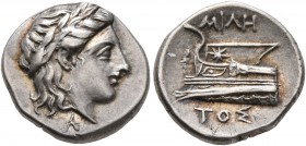 BITHYNIA. Kios. Circa 350-300 BC. Hemidrachm (Silver, 15 mm, 2.49 g, 11 h), Persic standard. Miletos, magistrate. K[IA] Laureate head of Apollo to rig...