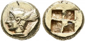 MYSIA. Kyzikos. Circa 550-450 BC. Hemihekte – 1/12 Stater (Electrum, 8 mm, 1.34 g). Head of Perseus to left, wearing winged helmet; to right, tunny do...