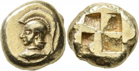 MYSIA. Kyzikos. Circa 550-450 BC. Stater (Electrum, 19 mm, 16.15 g). Head of Athena to left, wearing crested Attic helmet; below, tunny to left. Rev. ...