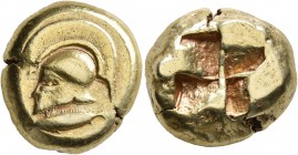 MYSIA. Kyzikos. Circa 550-450 BC. Stater (Electrum, 18 mm, 16.05 g). Crested Corinthian helmet to left; below, tunny to left. Rev. Quadripartite incus...