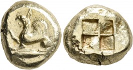 MYSIA. Kyzikos. Circa 550-450 BC. Stater (Electrum, 19 mm, 16.05 g). Griffin seated left, raising right forepaw; below, tunny to left. Rev. Quadripart...