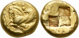 MYSIA. Lampsakos. Circa 500-450 BC. Stater (Electrum, 20 mm, 15.27 g). Forepart of Pegasos to left, surrounded by a grapevine. Rev. Quadripartite incu...