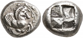 MYSIA. Lampsakos (?). Circa 500-450 BC. Hekte (Electrum, 10 mm, 2.13 g). Forepart of Pegasos with curved wings to right; before, branch of ivy (?). Re...
