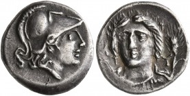 AEOLIS. Myrina. 4th century BC. Hemidrachm (Silver, 13 mm, 2.00 g, 12 h). Head of Athena to right, wearing crested Corinthian helmet. Rev. M-Y Head of...