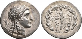 AEOLIS. Myrina. Circa 160-143 BC. Tetradrachm (Silver, 34 mm, 16.60 g, 1 h). Laureate head of Apollo to right. Rev. MΥΡINAIΩN Apollo Grynios standing ...