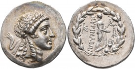 AEOLIS. Myrina. Circa 160-143 BC. Tetradrachm (Silver, 33 mm, 16.56 g, 1 h). Laureate head of Apollo to right. Rev. MΥΡINAIΩN Apollo Grynios standing ...