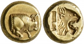 LESBOS. Mytilene. Circa 521-478 BC. Hekte (Electrum, 10 mm, 2.57 g, 7 h). Forepart of a bull to right. Rev. Incuse head of a lion with open jaws to ri...