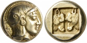 LESBOS. Mytilene. Circa 454-428/7 BC. Hekte (Electrum, 10 mm, 2.53 g, 9 h). Head of Athena to right, wearing crested Attic helmet decorated with three...