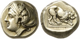 LESBOS. Mytilene. Circa 412-378 BC. Hekte (Electrum, 10 mm, 2.58 g, 5 h). Head of Ariadne to left, her hair in sakkos decorated with three grape bunch...