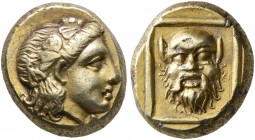 LESBOS. Mytilene. Circa 377-326 BC. Hekte (Electrum, 10 mm, 2.54 g, 12 h). Head of Dionysos to right, wearing wreath of ivy and fruit. Rev. Bald facin...