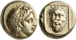 LESBOS. Mytilene. Circa 377-326 BC. Hekte (Electrum, 10 mm, 2.54 g, 12 h). Head of Dionysos to right, wearing wreath of ivy and fruit. Rev. Facing hea...