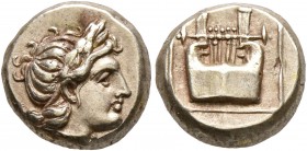 LESBOS. Mytilene. Circa 377-326 BC. Hekte (Electrum, 10 mm, 2.56 g, 5 h). Laureate head of Apollo to right. Rev. Kithara within linear square within i...