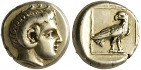 LESBOS. Mytilene. Circa 377-326 BC. Hekte (Electrum, 10 mm, 2.53 g, 12 h). Head of Apollo Karneios to right, wearing horn of Ammon over his ear. Rev. ...