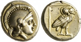 LESBOS. Mytilene. Circa 377-326 BC. Hekte (Electrum, 11 mm, 2.53 g, 3 h). Head of Athena to right, wearing crested Attic helmet. Rev. Owl standing rig...