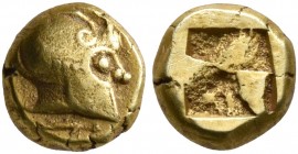 IONIA. Phokaia. Circa 625/0-522 BC. 1/24 Stater (Electrum, 6 mm, 0.63 g). Male head to right, wearing Corinthian helmet decorated with a volute on the...