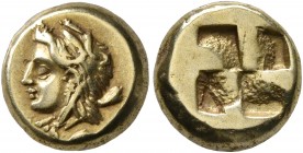 IONIA. Phokaia. Circa 387-326 BC. Hekte (Electrum, 10 mm, 2.56 g). Head of Omphale to left, wearing lion skin headdress of Herakles; club behind neck;...