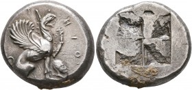 IONIA. Teos. Circa 460-420 BC. Stater (Silver, 21 mm, 12.00 g). THIO[N] Griffin, with open jaws and two curved tendrils falling down his neck, seated ...
