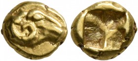 IONIA. Uncertain. Circa 600-550 BC. 1/24 Stater (Electrum, 6 mm, 0.63 g), Phokaic standard. Head of a ram to right. Rev. Quadripartite incuse square. ...
