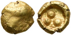 IONIA. Uncertain. Circa 600-550 BC. 1/48 Stater (Gold, 6 mm, 0.37 g). Bent human leg (?). Rev. Three pellets within round incuse. Rosen -. SNG Kayhan ...